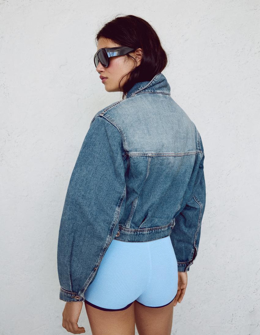 Balon kesim crop denim ceket-Açık mavi