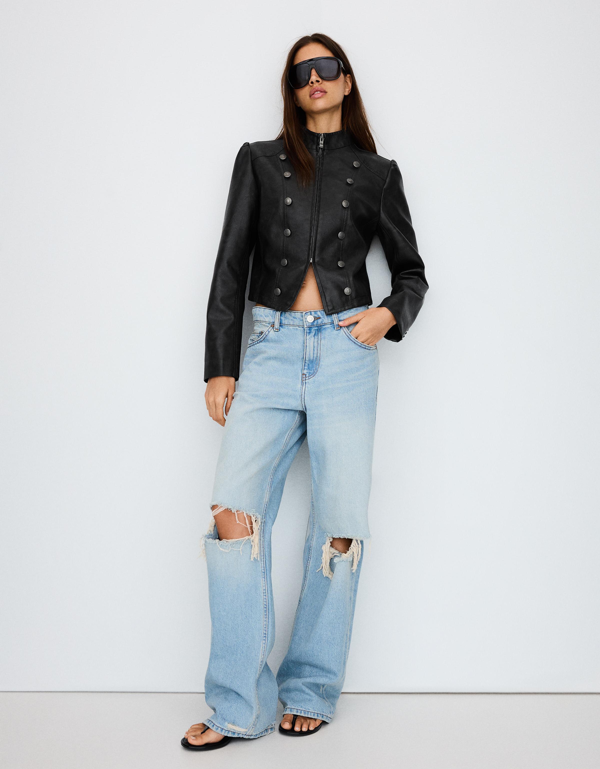 Faux leather button jacket - Women | Bershka