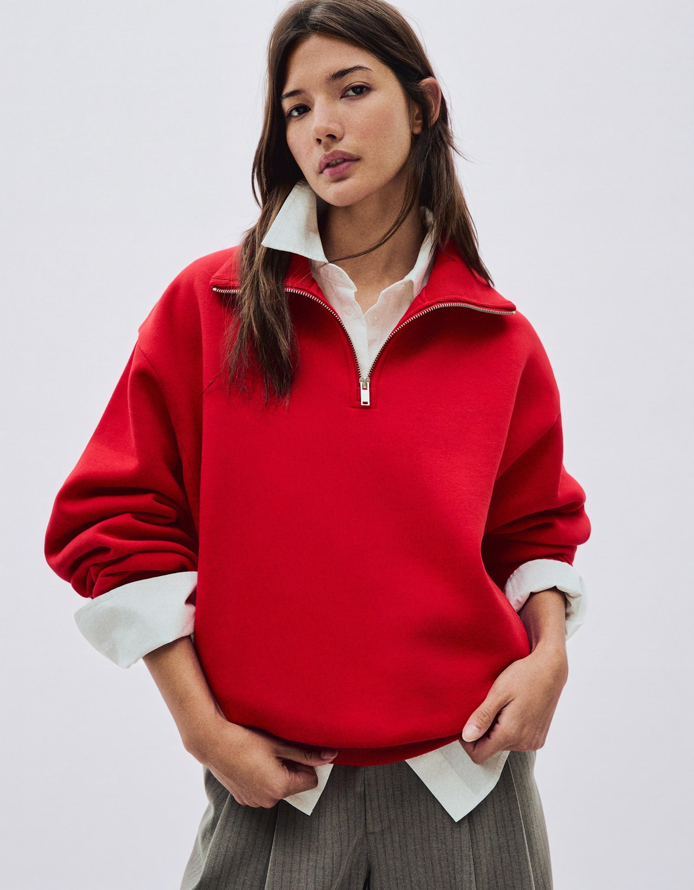 High neck zip-up sweatshirt — Red