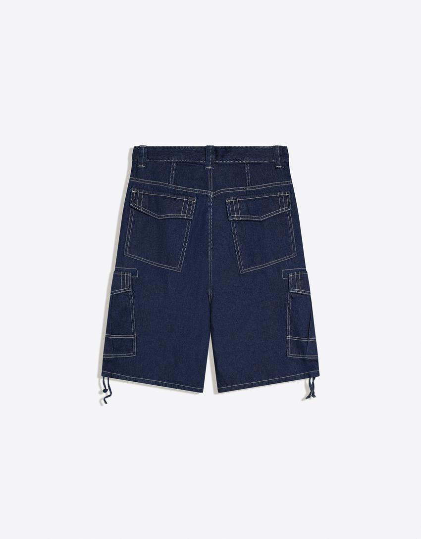 Denim parachute cargo Bermuda shorts-Navy