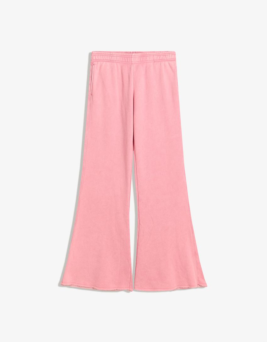 Pantalón flare felpa bajo deshilachado-Rosa