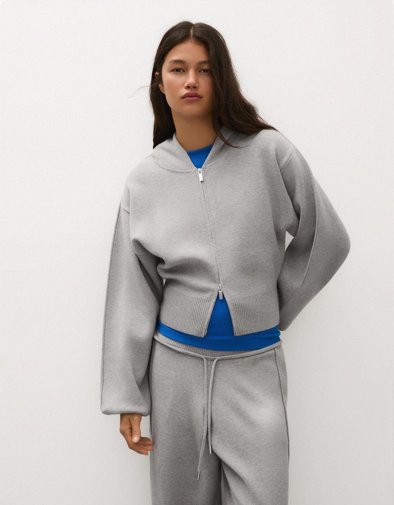 Puff sleeve knit hoodie — Grey