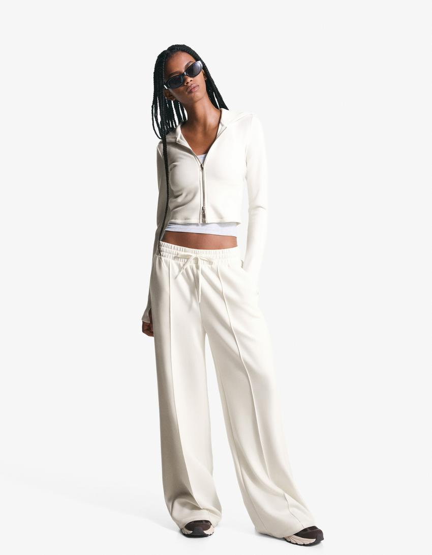 Zip-up modal blend hoodie-Cream-1