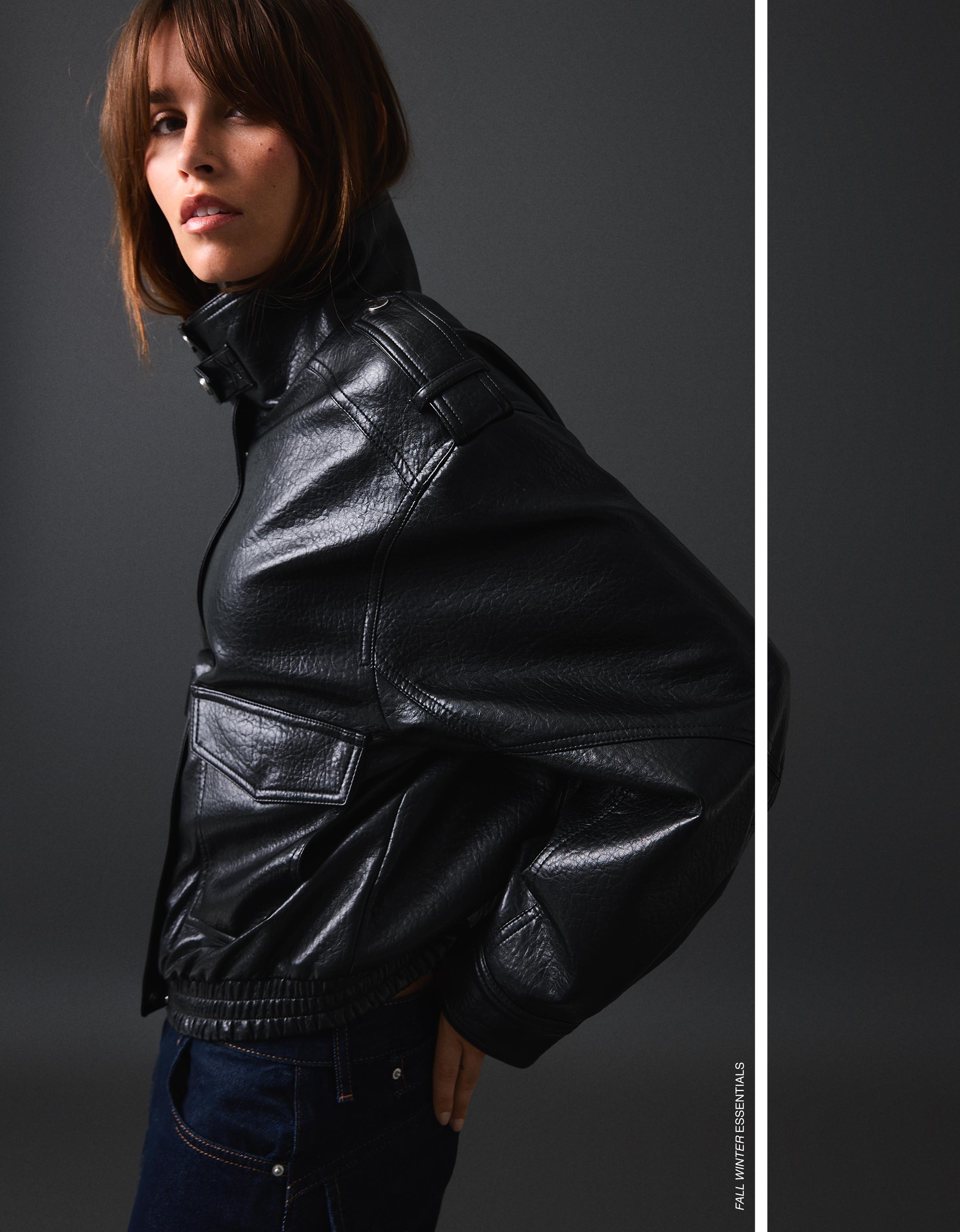 Leather effect funnel neck jacket — Black