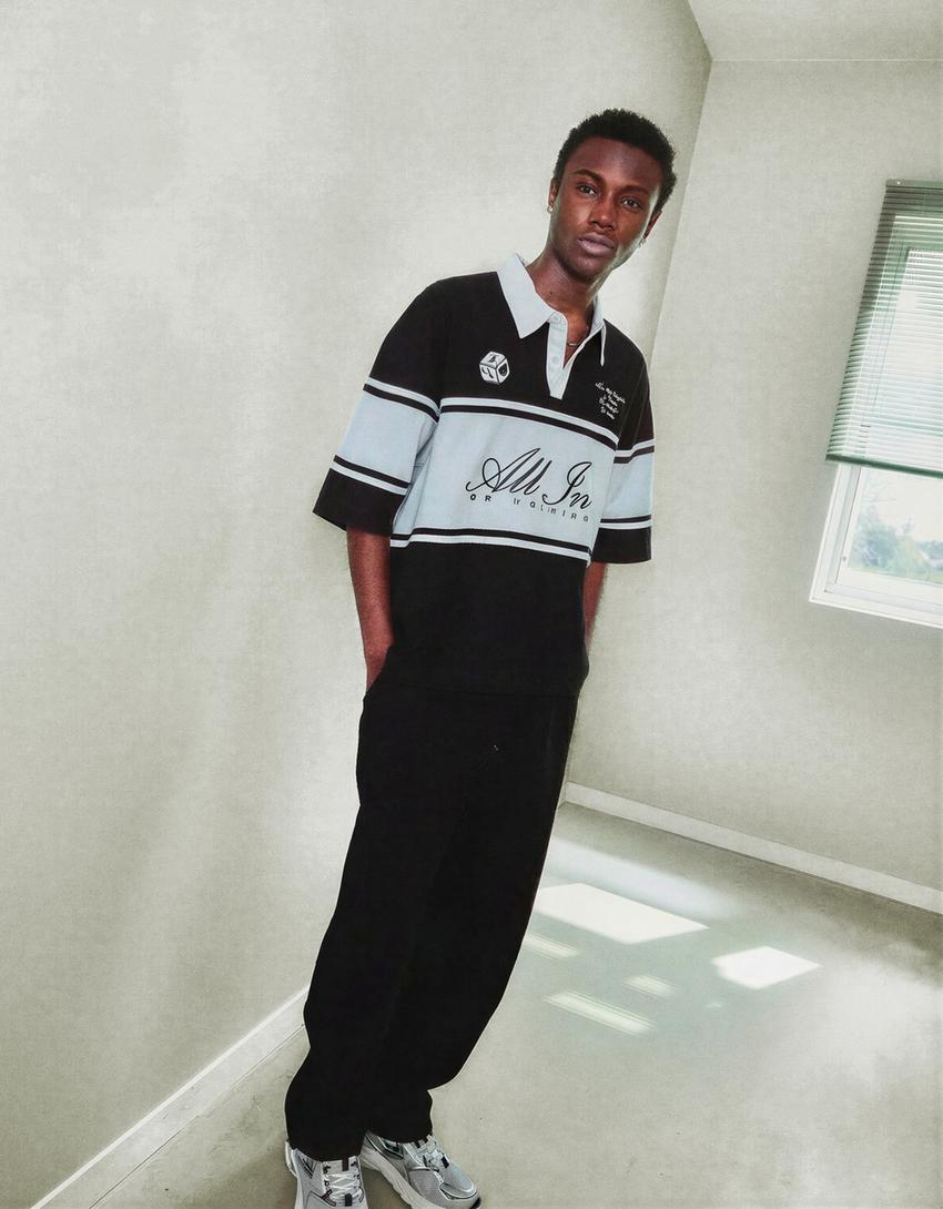 Boxy short sleeve polo shirt-Black