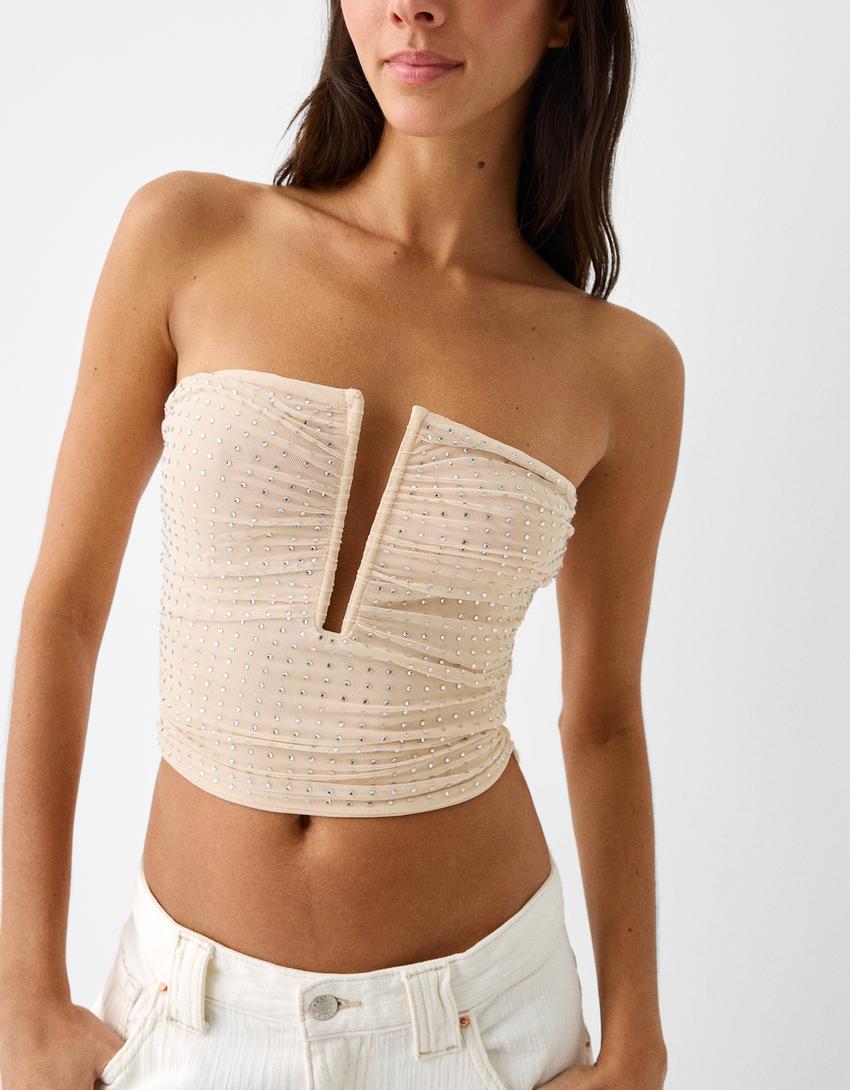 Rhinestone mesh top-Pink-5