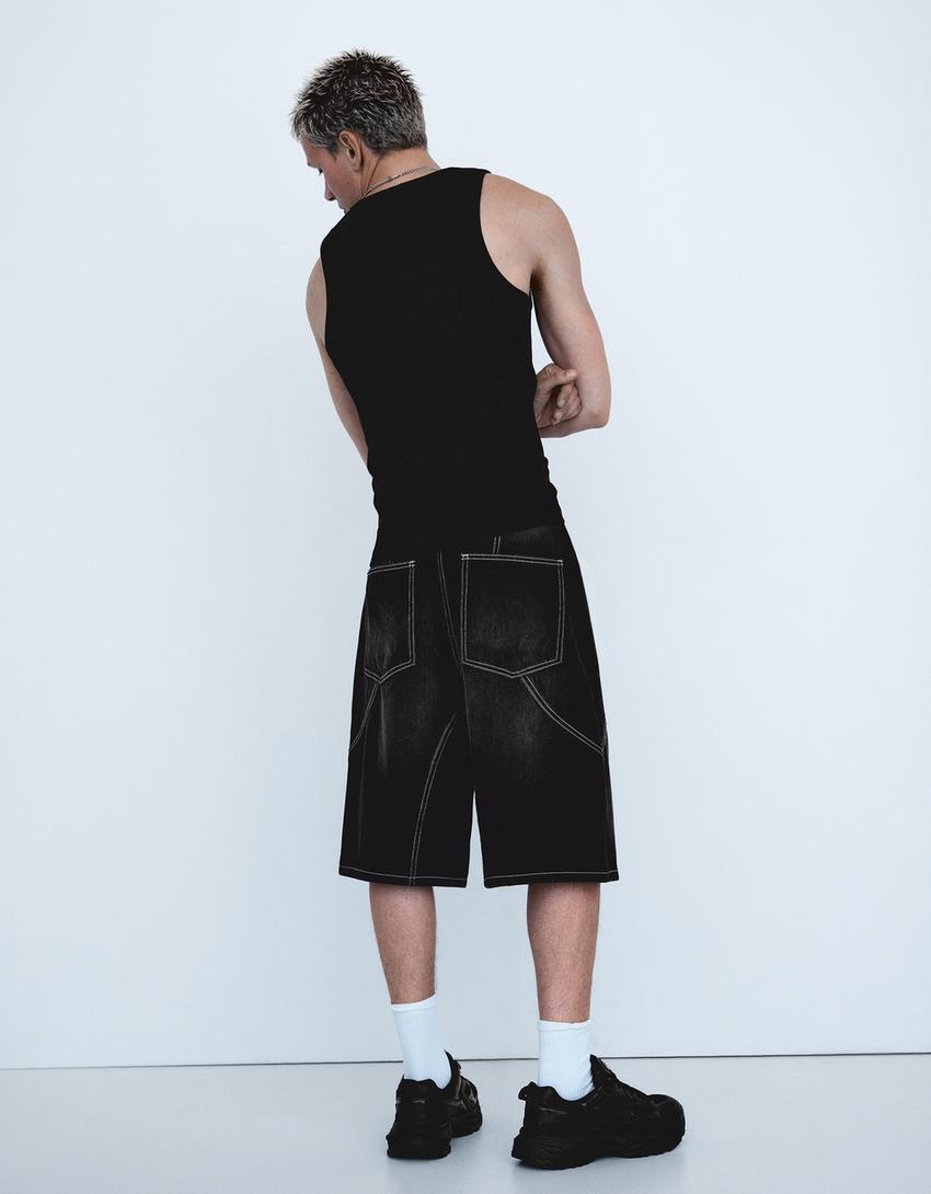 Süslü düğmeli baggy fit denim bermuda-Siyah
