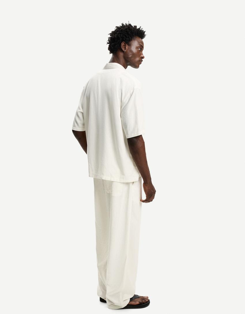 Pantalón wide leg jogger con lino-Blanco-1