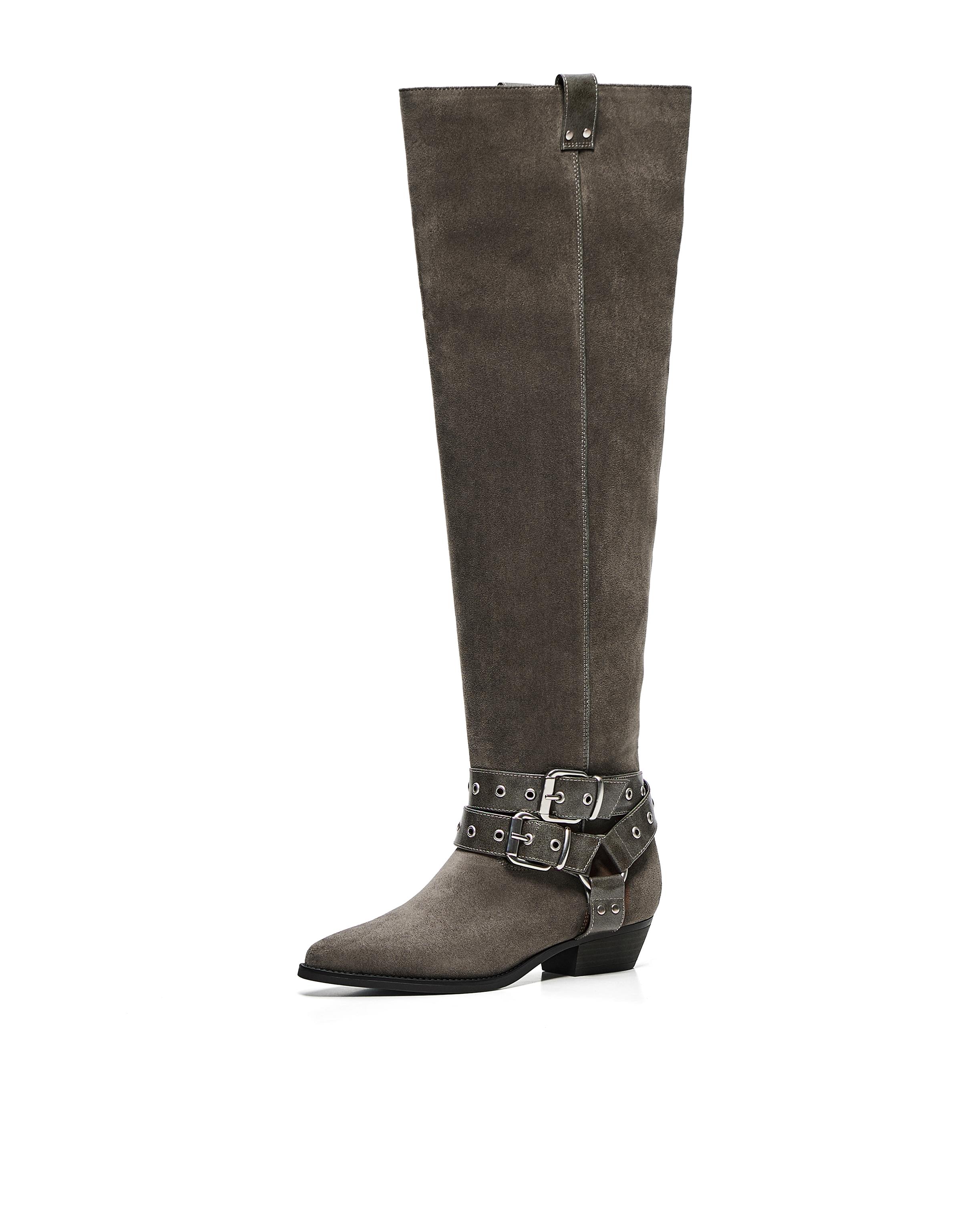 FLAT SLOUCHY BIKER BOOTS — Grey
