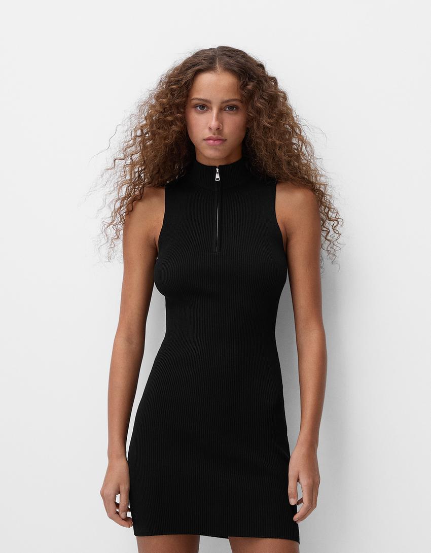Vestido mini cuello alto cremallera-Negro-0