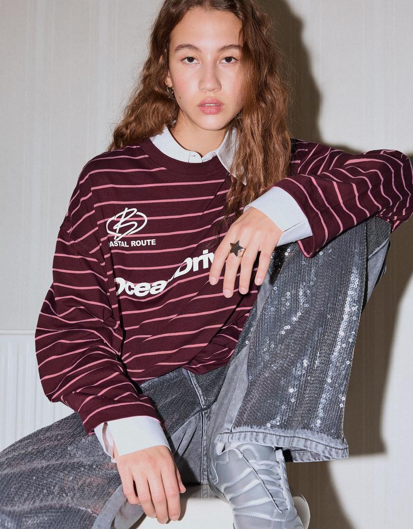Tricou mânecă lungă oversize print-Bordo