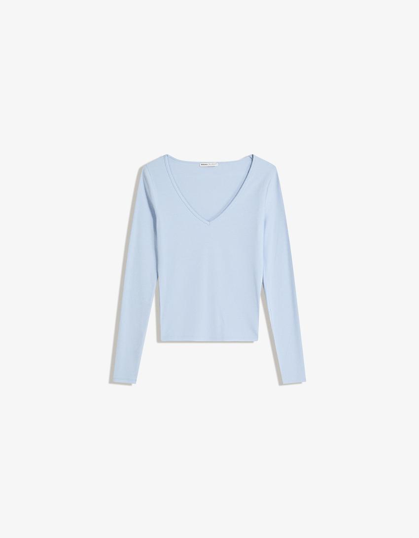 Camiseta manga larga cuello pico-Azul claro