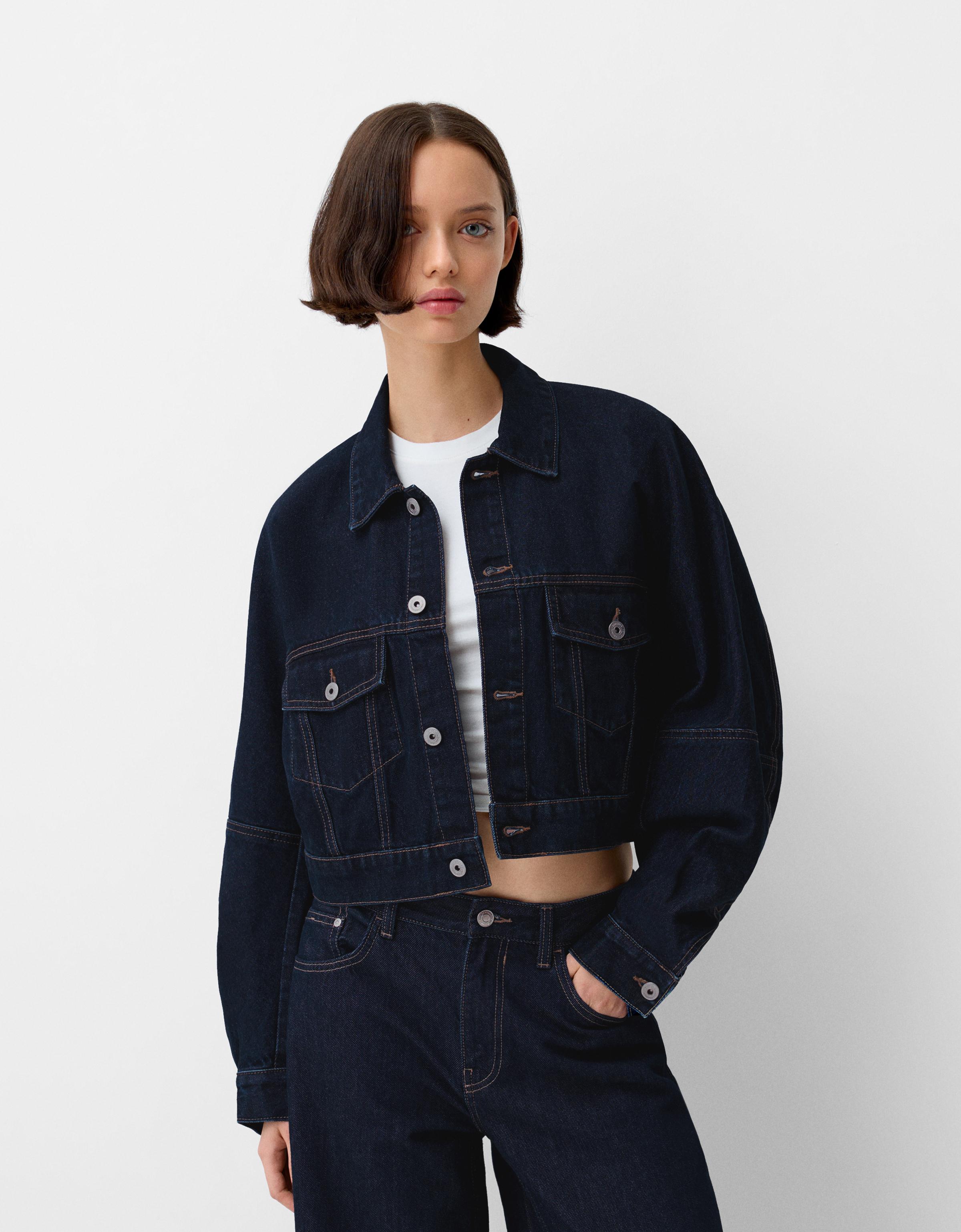 Bershka Cropped-Jeansjacke Damen L Ausgewaschenes Blau