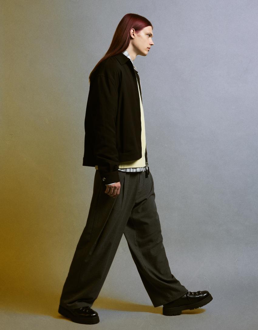 Zip-up boxy tailored fit overshirt-Black
