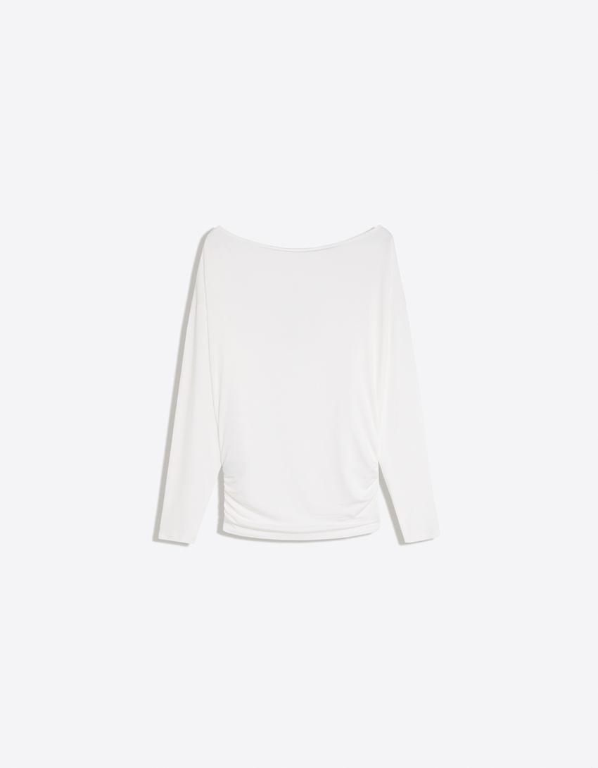 Long sleeve asymmetric neck T-shirt-Off white