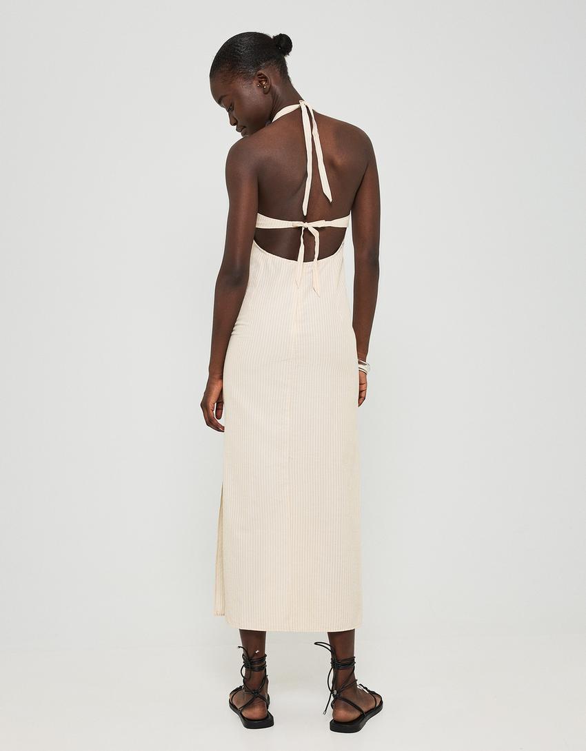 Robe midi encolure américaine-Moutarde-1