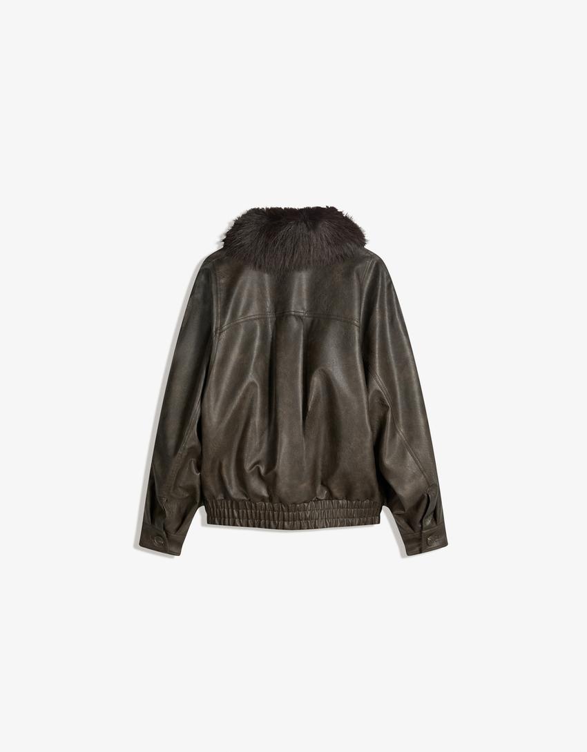 Blouson similicuir col fourrure-Marron