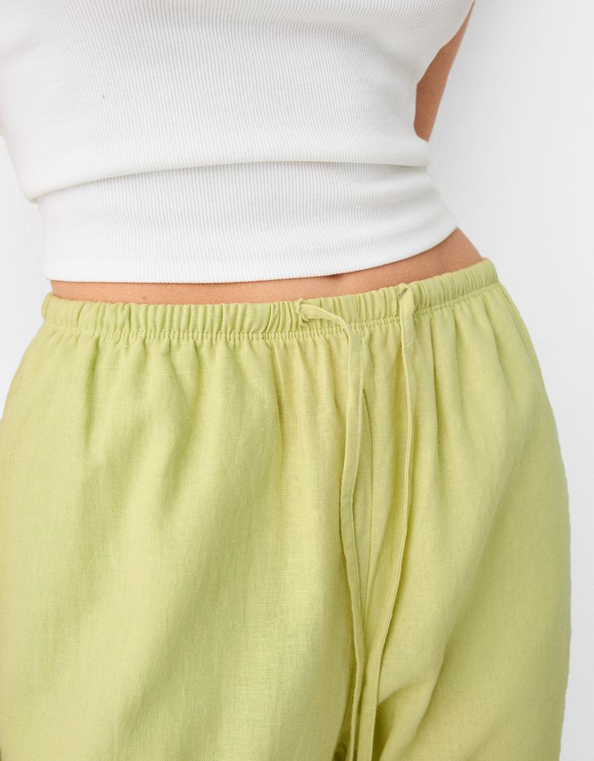 Straight-leg trousers with linen and an elastic waist-Green-5