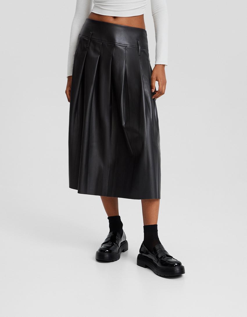 تنورة ميدي بليسيه من جلد صناعي-أسود-1