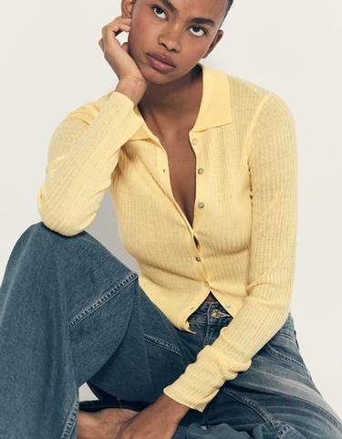 Fine knit polo collar cardigan — Yellow 1