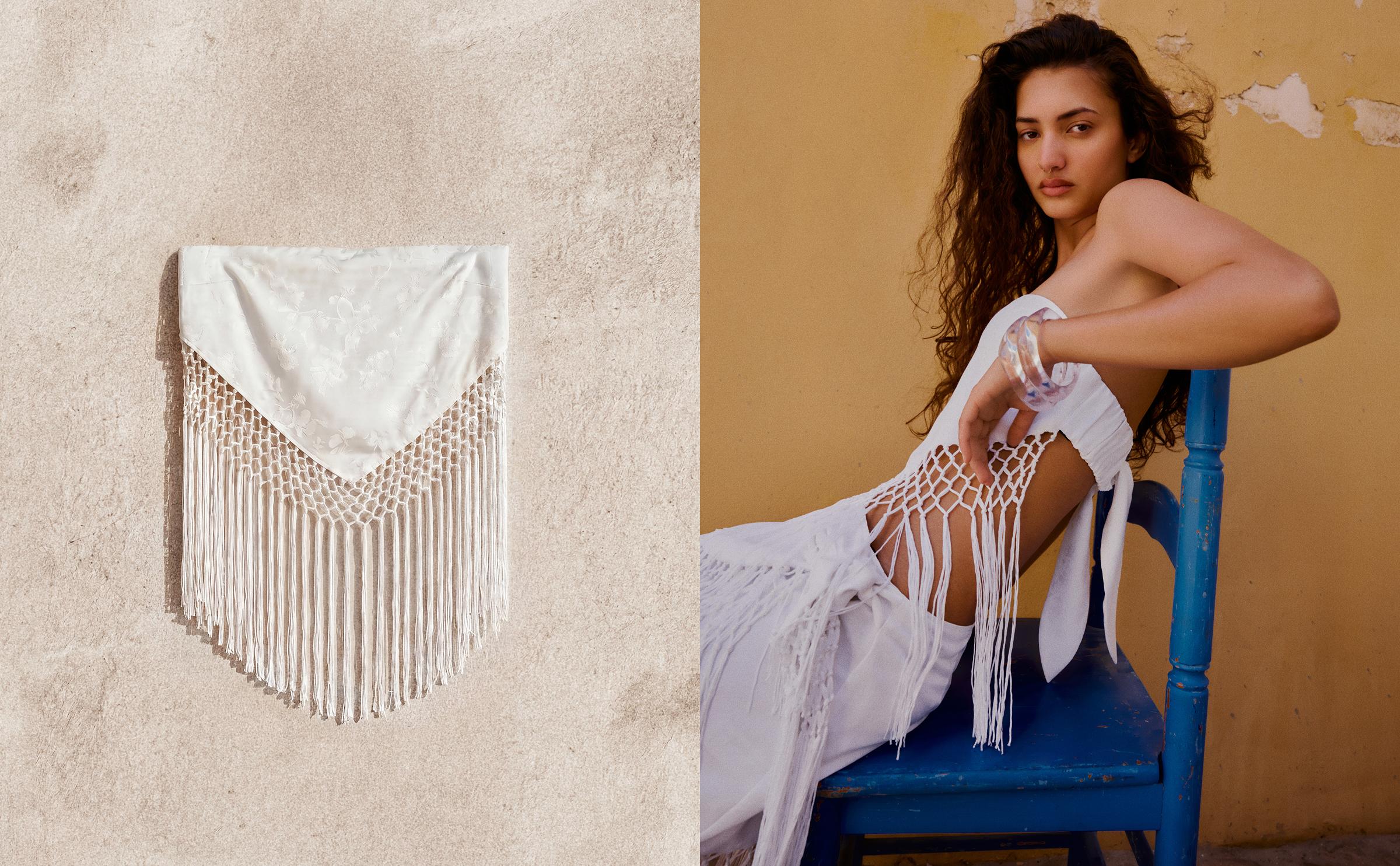 Jacquard bandeau top with fringing — White