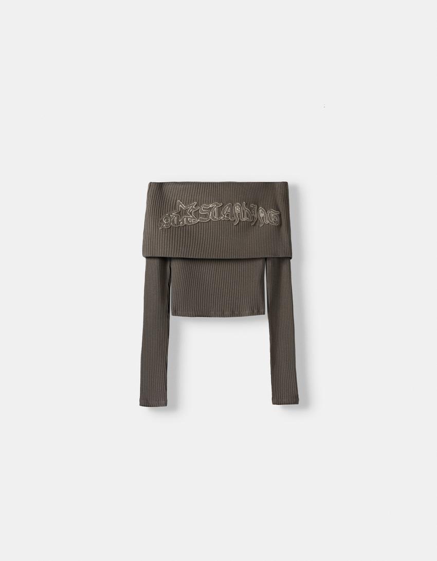 Embroidered long sleeve off-the-shoulder sweater-Dark grey