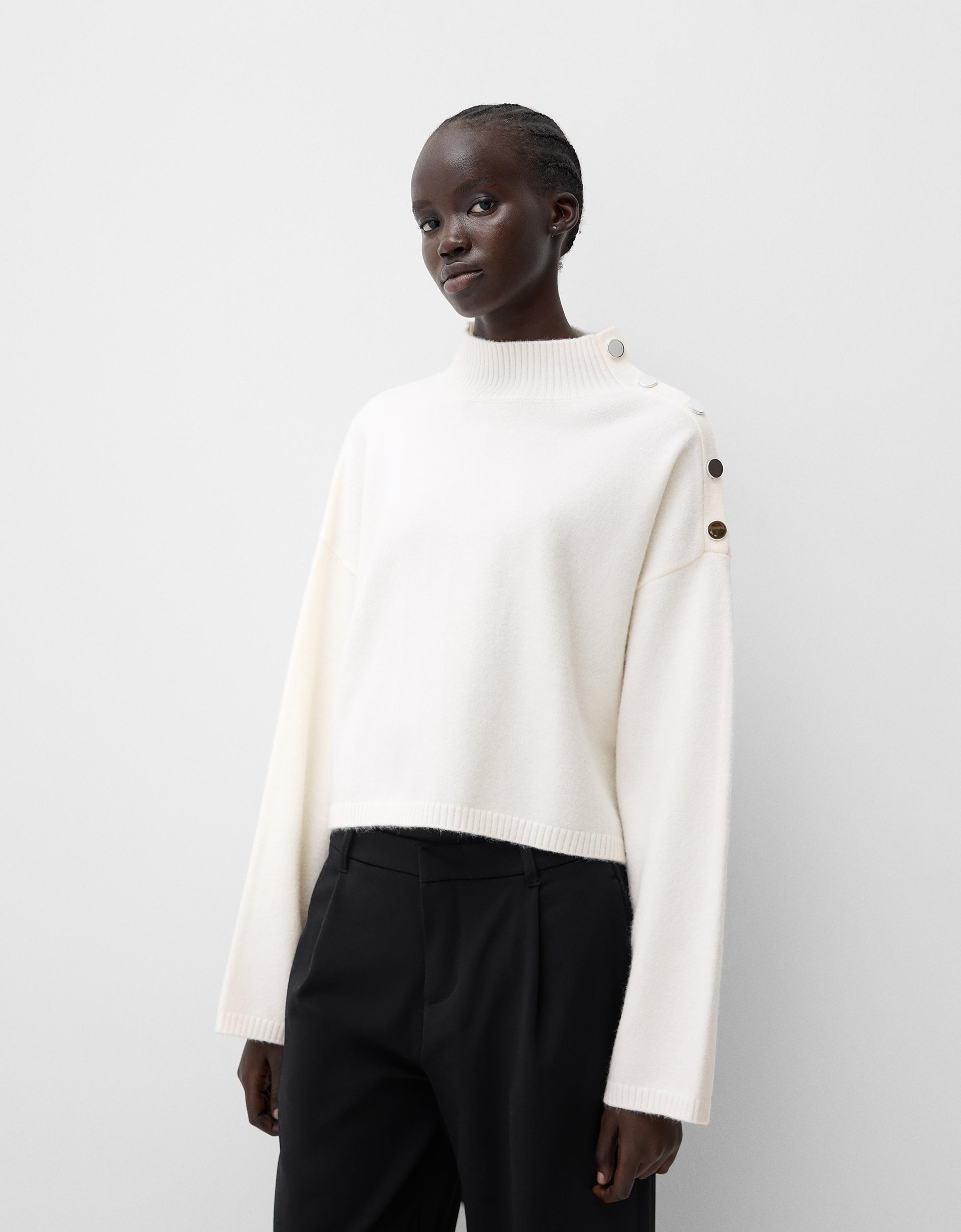 Bershka Rollkragenpullover Mit Seitlichen Knöpfen Damen M Weiss