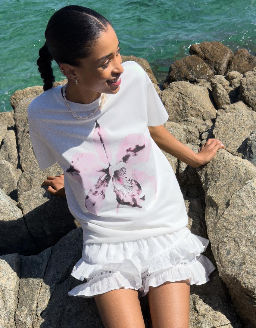 T-shirt manches courtes oversize imprimé-Blanc cassé-1