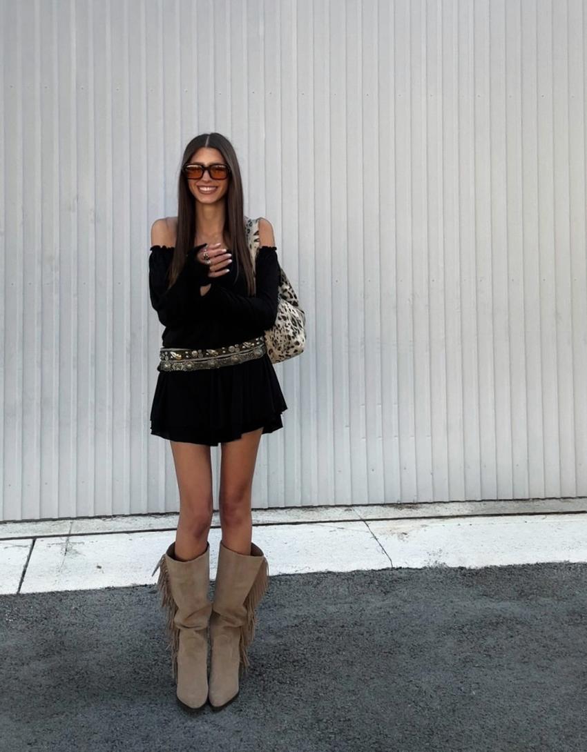 Vestito mini a maniche lunghe boho-Nero-1