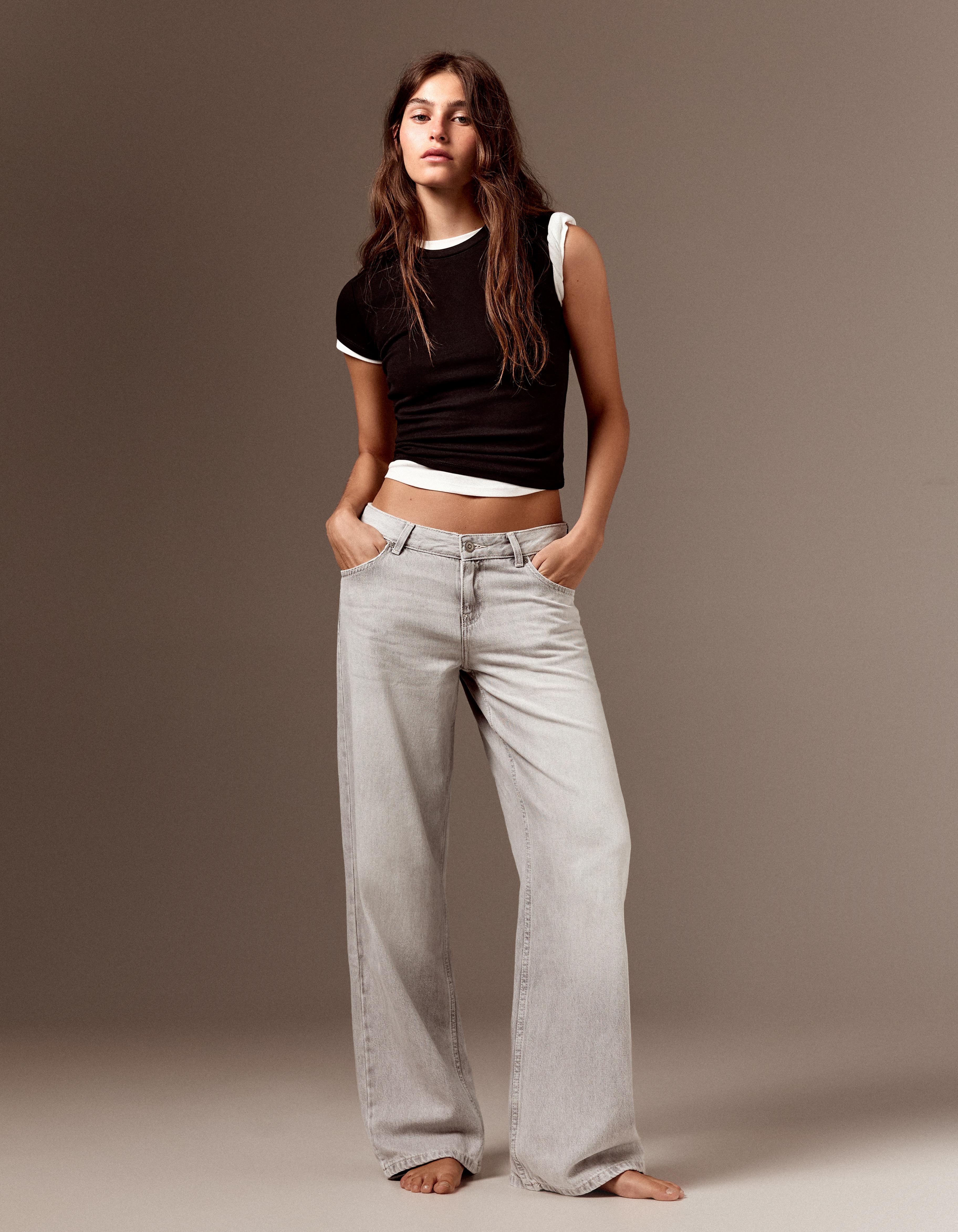 Bershka Jean Straight Taille Basse Femme 34 Gris