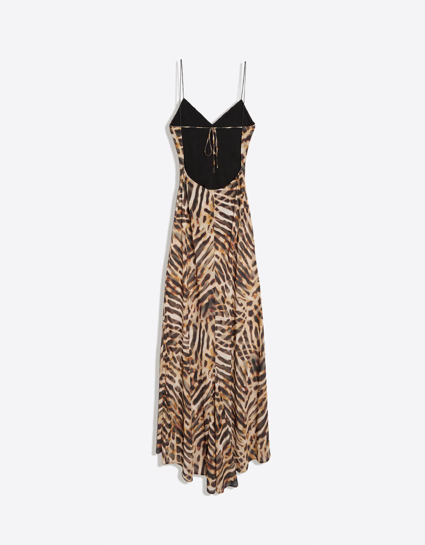 Printed strappy midi dress-Brown