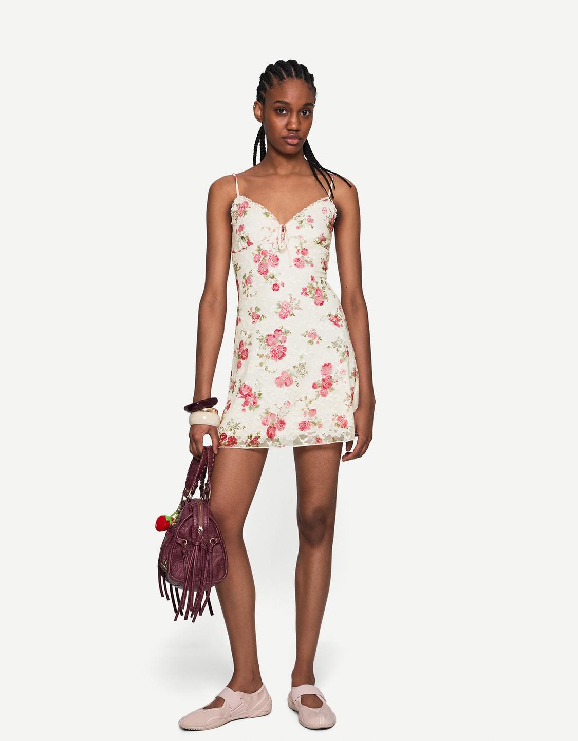Printed blonde lace strappy mini dress