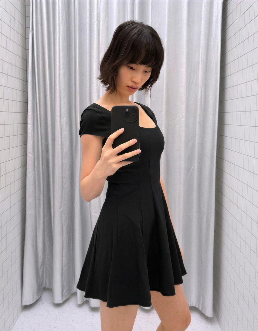 Rochie mini bengalină fustă evazată-Negru