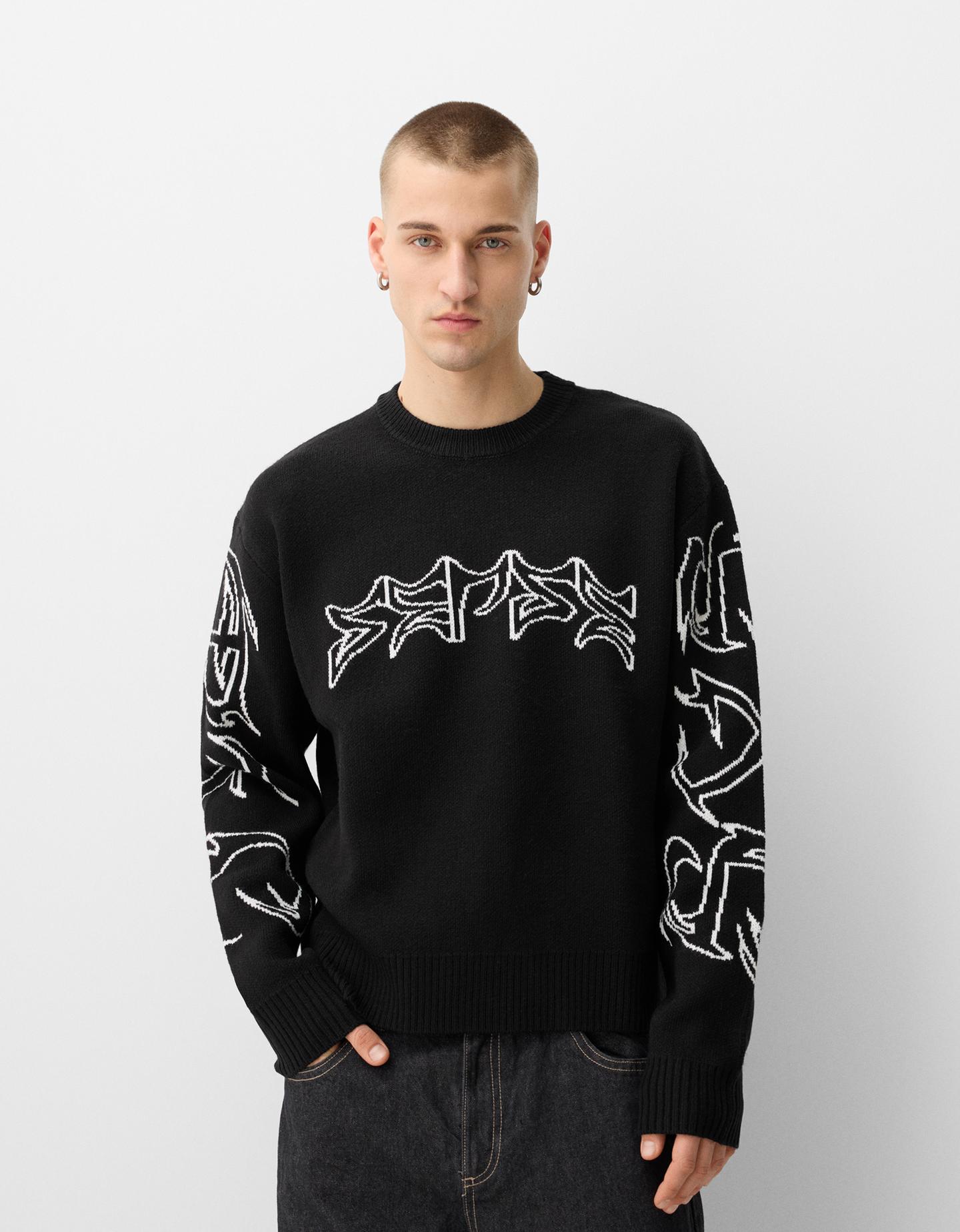 Bershka Maglia In Jacquard Con Stampa Uomo Xs Nero