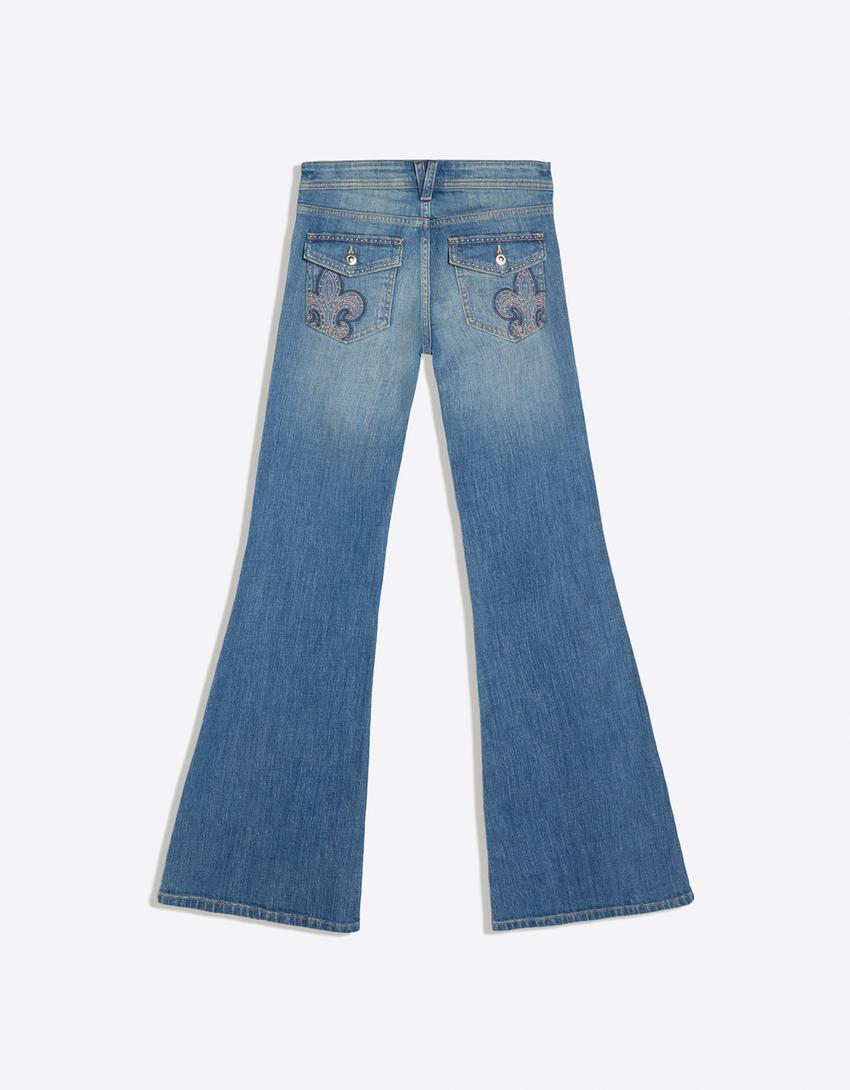 Jean flare taille basse brodé-Bleu lavé