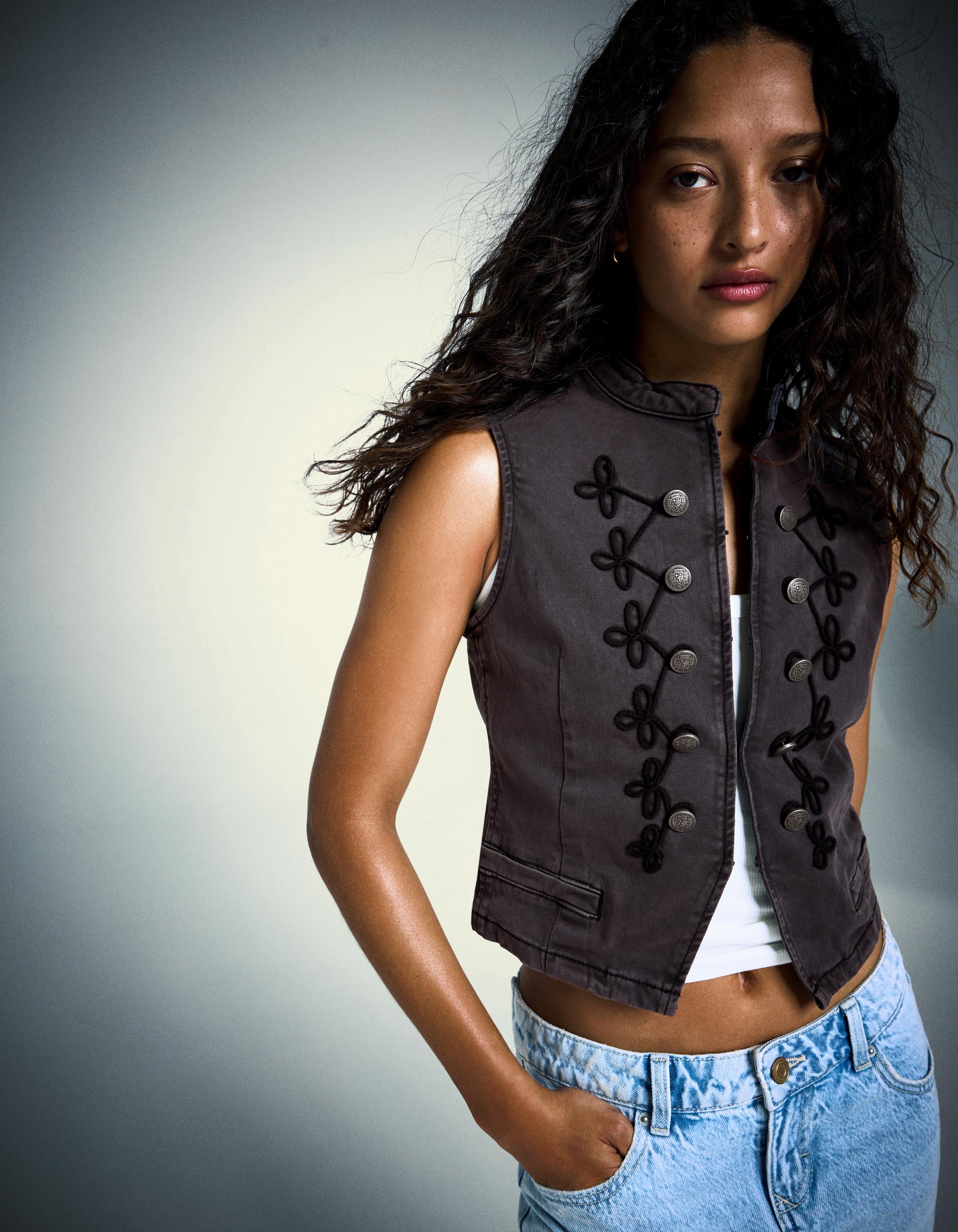 Bershka Chaleco Botones Frontales Mujer L Gris Oscuro