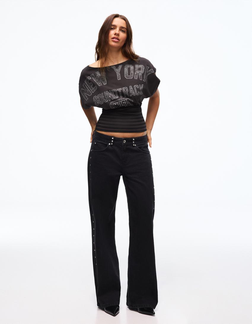 Asymmetric print short sleeve T-shirt-Dark grey