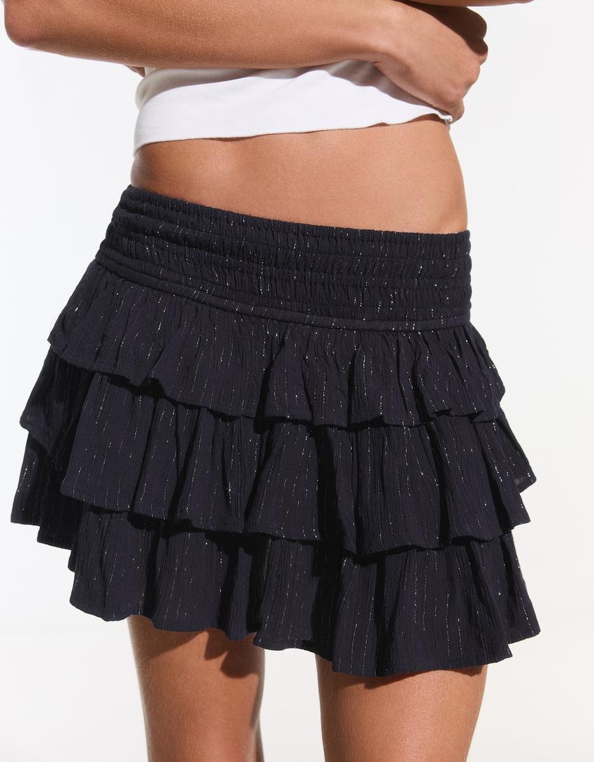 Mini-jupe à volants et fil métallisé-Marine