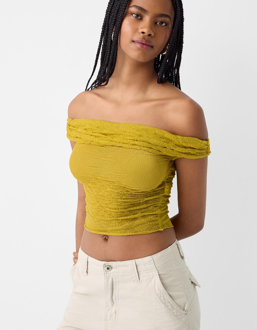 Açık omuzlu gofre kumaş jakarlı t-shirt-Lime-2