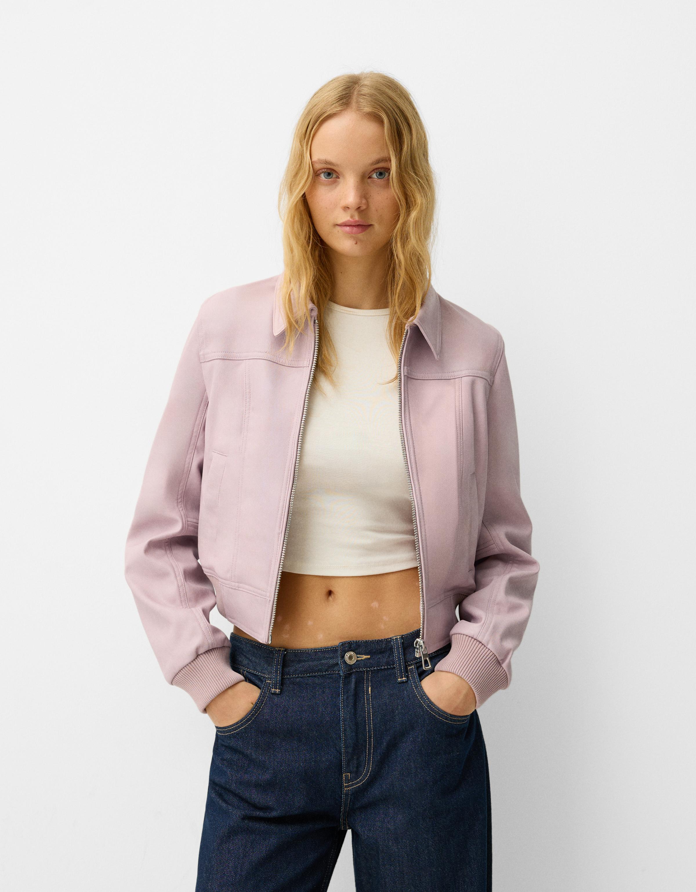 Bershka Kunstlederjacke Mit Rippenbündchen Damen L Rosa