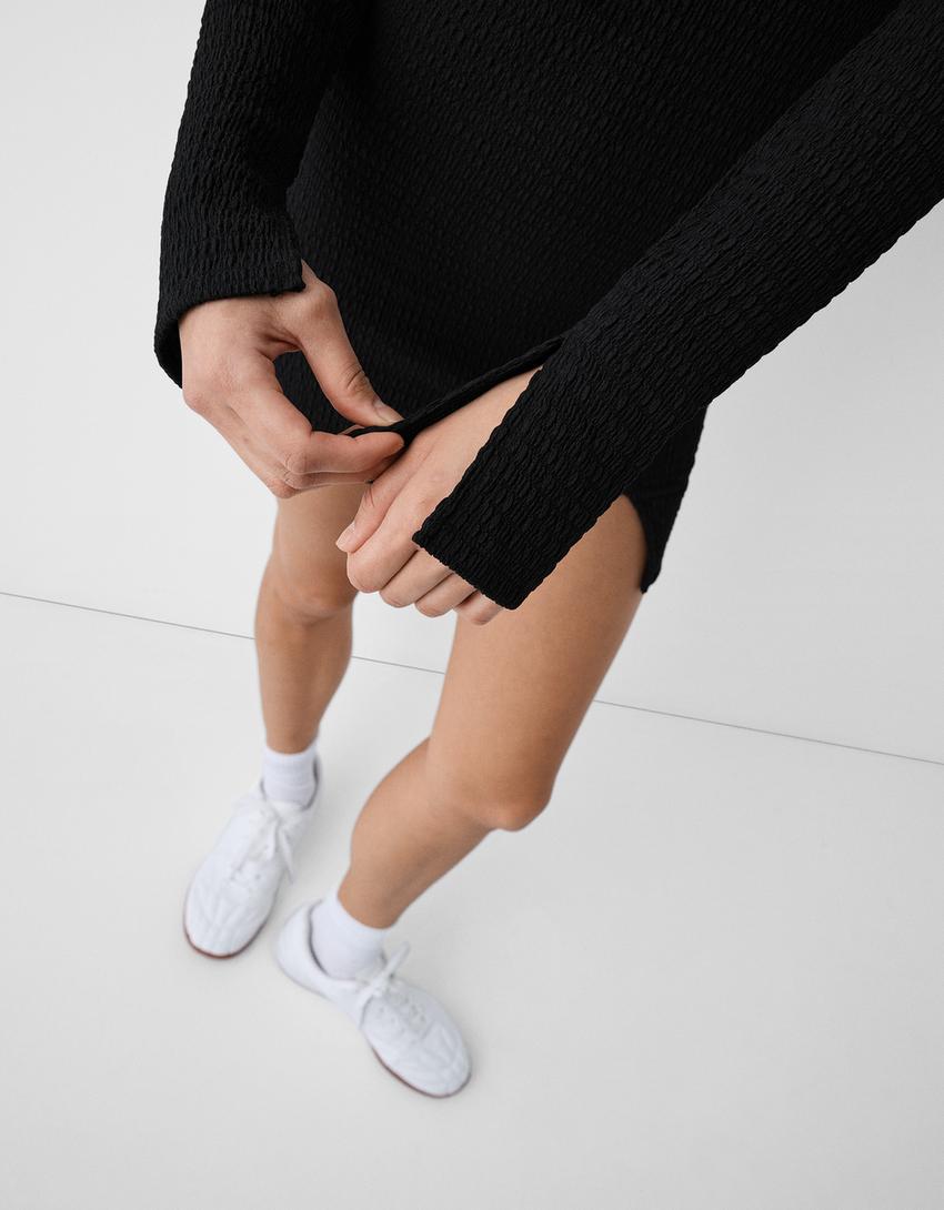 Waffle-knit long sleeve mini dress-Black