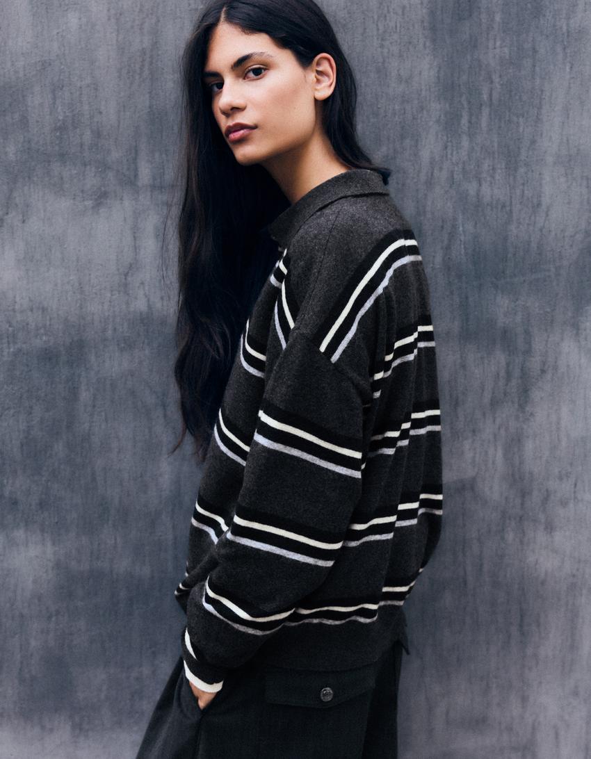 Striped polo sweater-Grey
