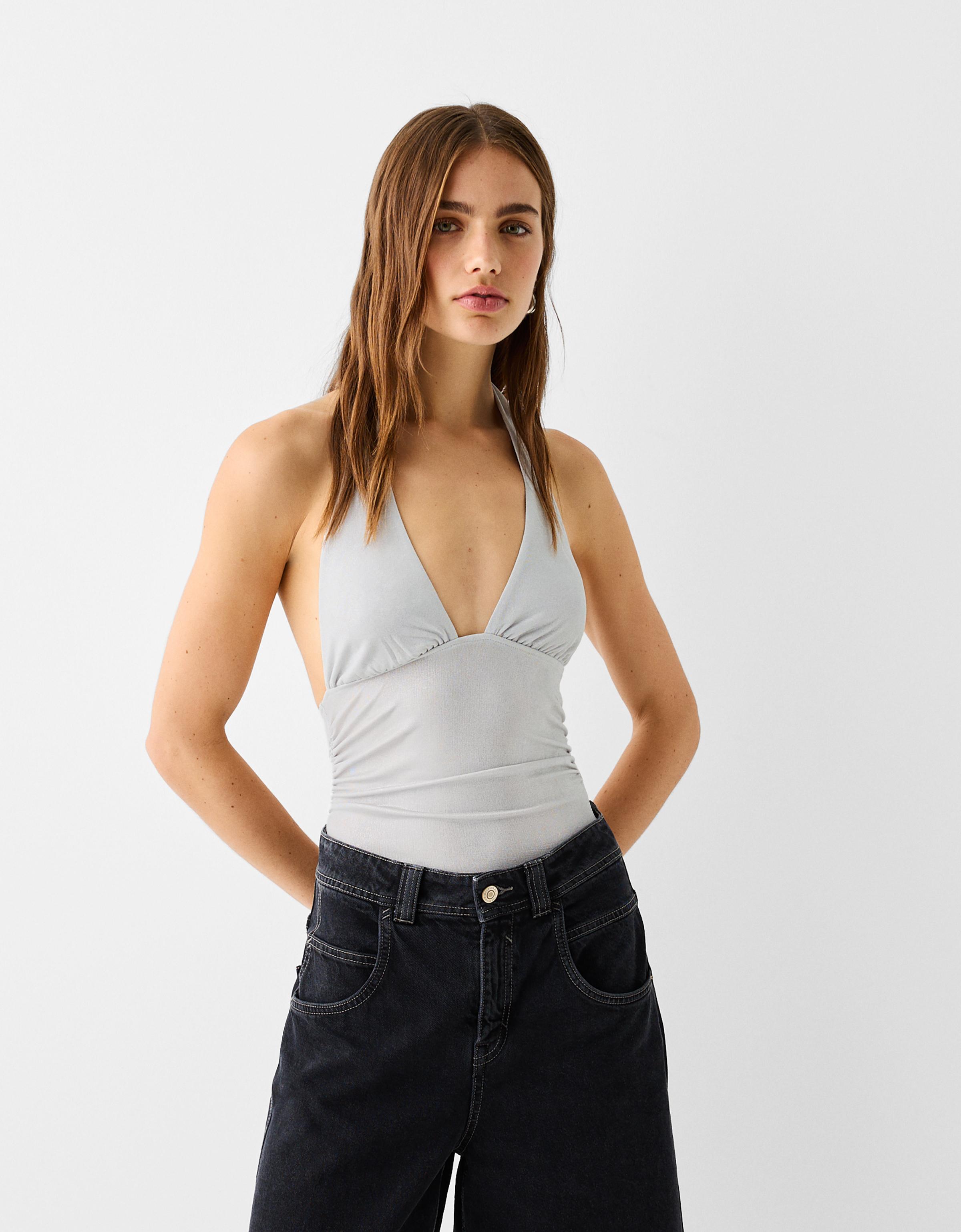 Bershka Neckholder-Body Damen M Silber