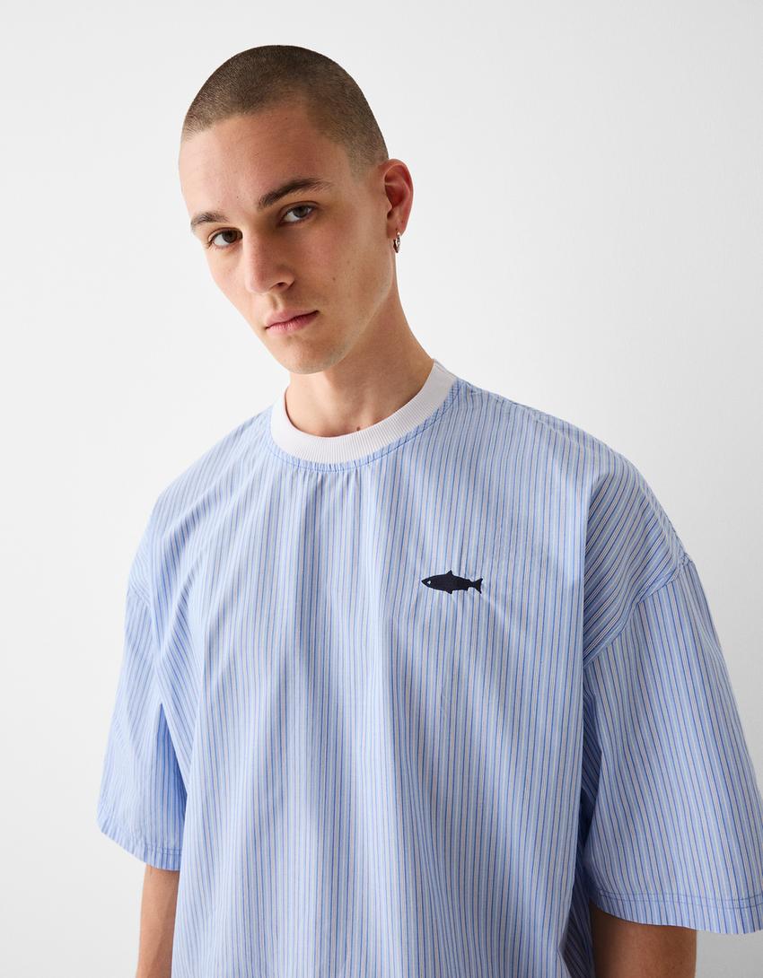 T-shirt manches courtes popeline détail-Bleu clair-2