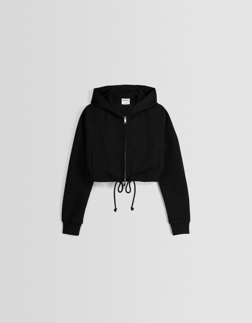Cropped zip-up hoodie-Black-5