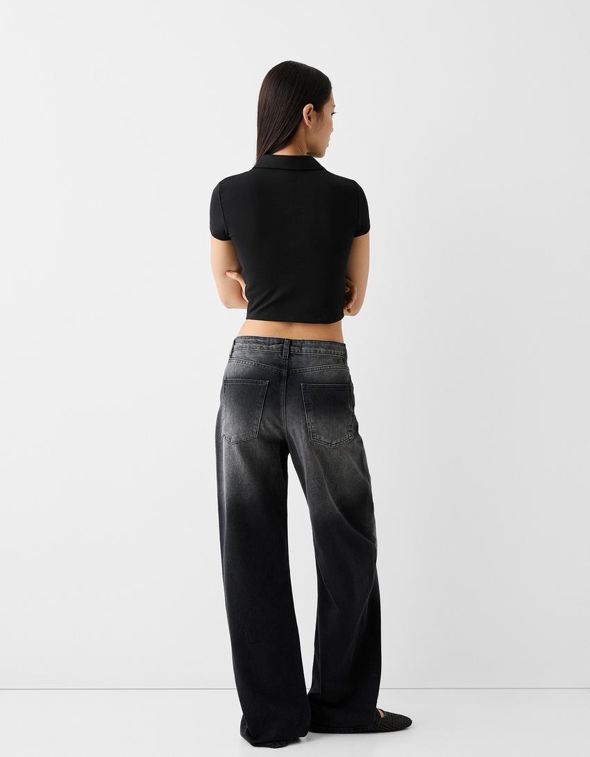 Printed short sleeve T-shirt with a polo collar-Black