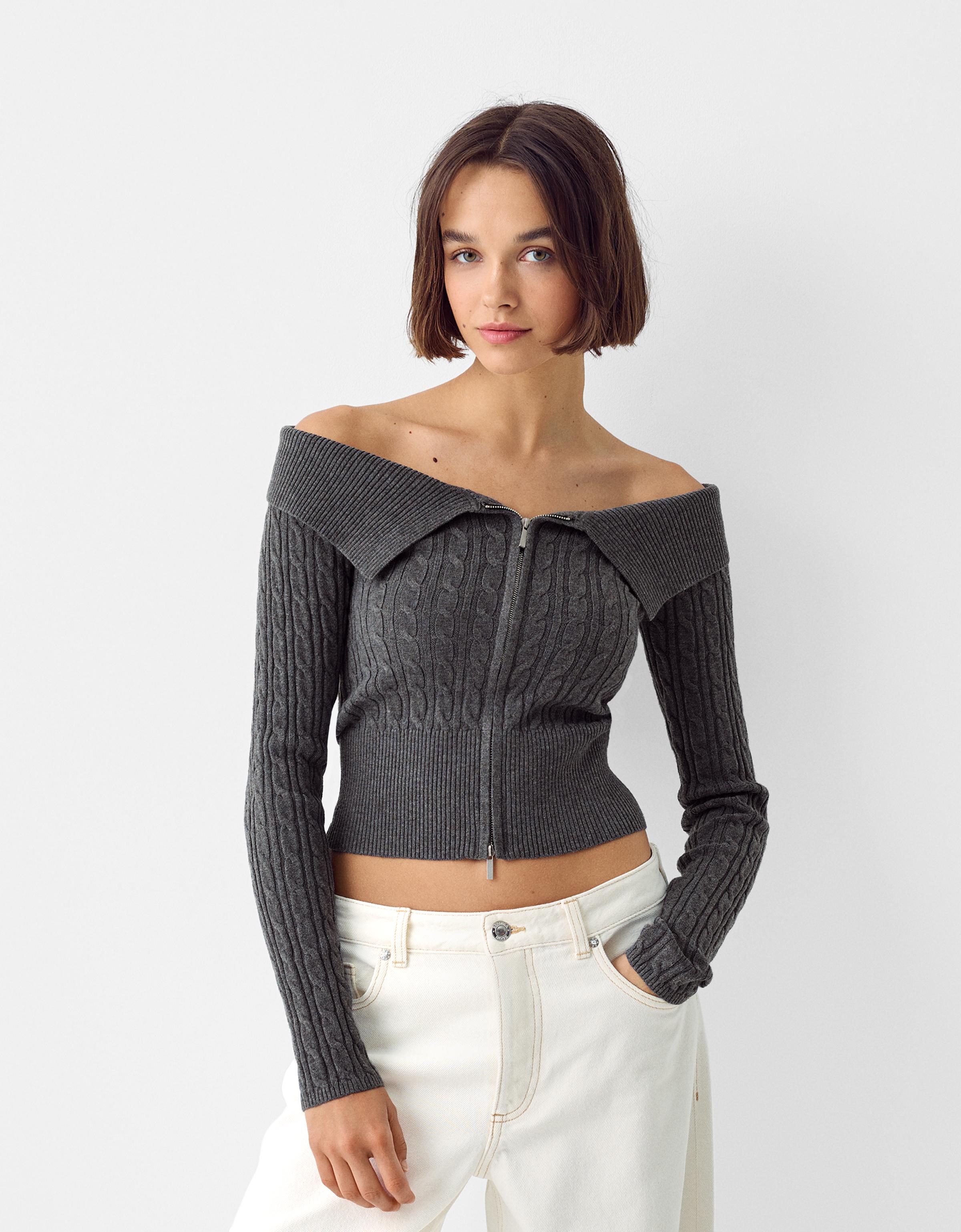 Bershka Geflochtener Cardigan Mit Reißverschluss Und Carmen-Ausschnitt Damen L Grau