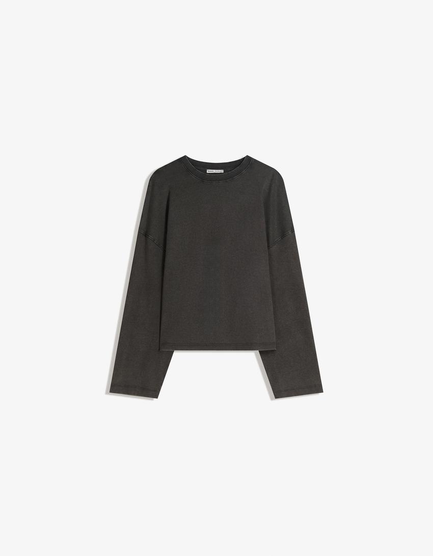 Langærmet T-shirt med print-Mørk grå