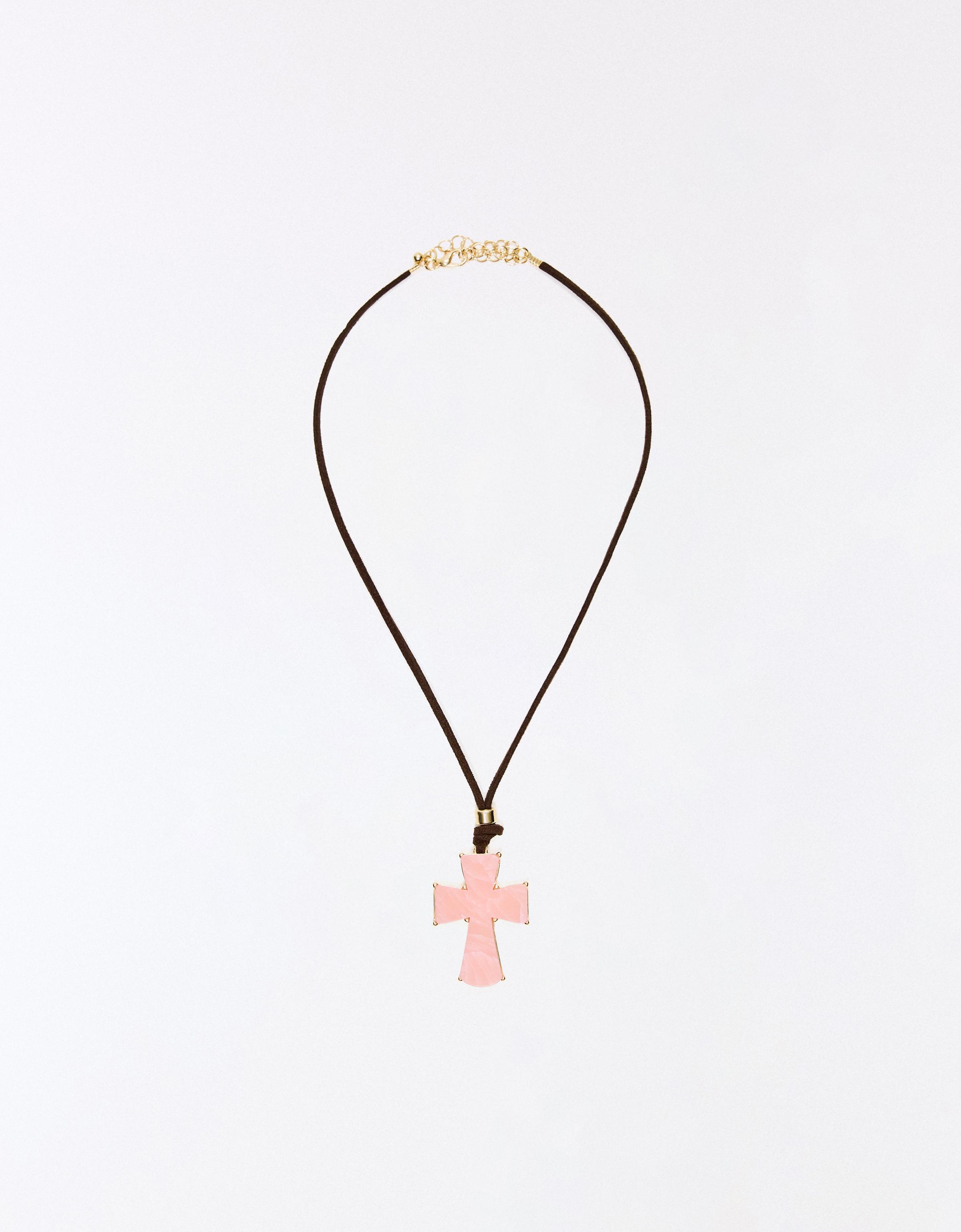 Cord necklace with stone cross — Pink