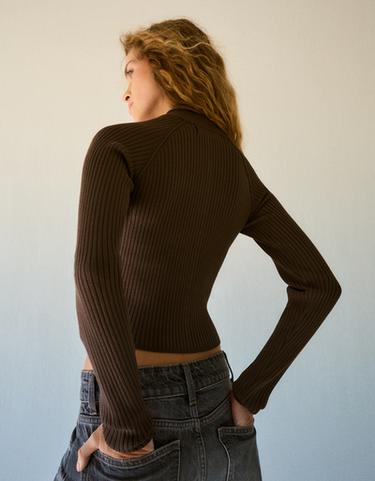 Fitted popper jumper — Brown 2